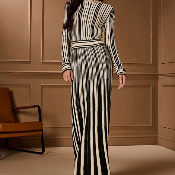 Multicolor Long Sleeve Waist Cinched Women's Sweater Dress - Picture 6 of 9